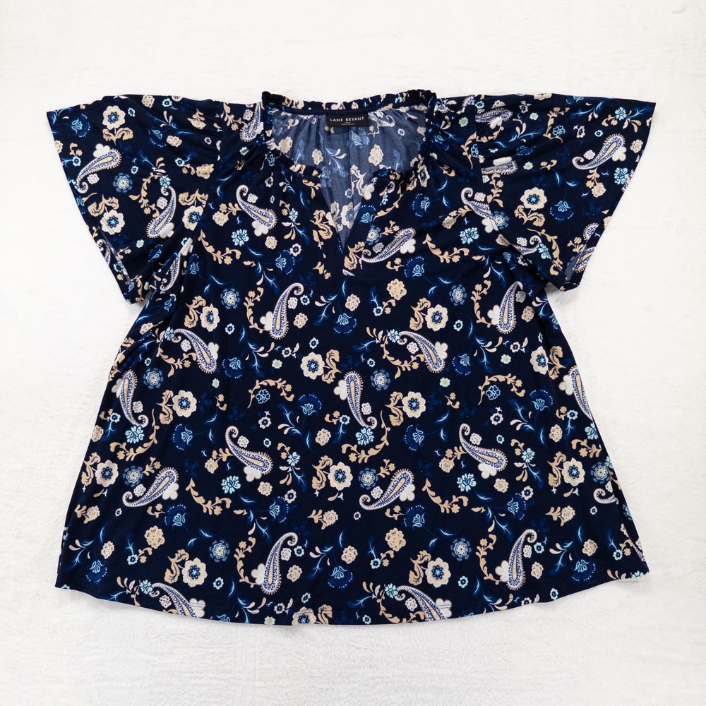 Lane Bryant Blouse 14/16 Blue Paisley Floral Flutter Sleeve Split Neck Top